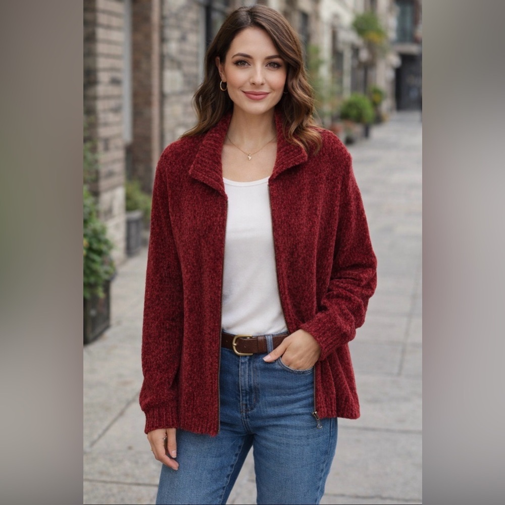 Croft & Barrow Women's Burgundy Sweater Cardigan Full Zip Jacket size Large